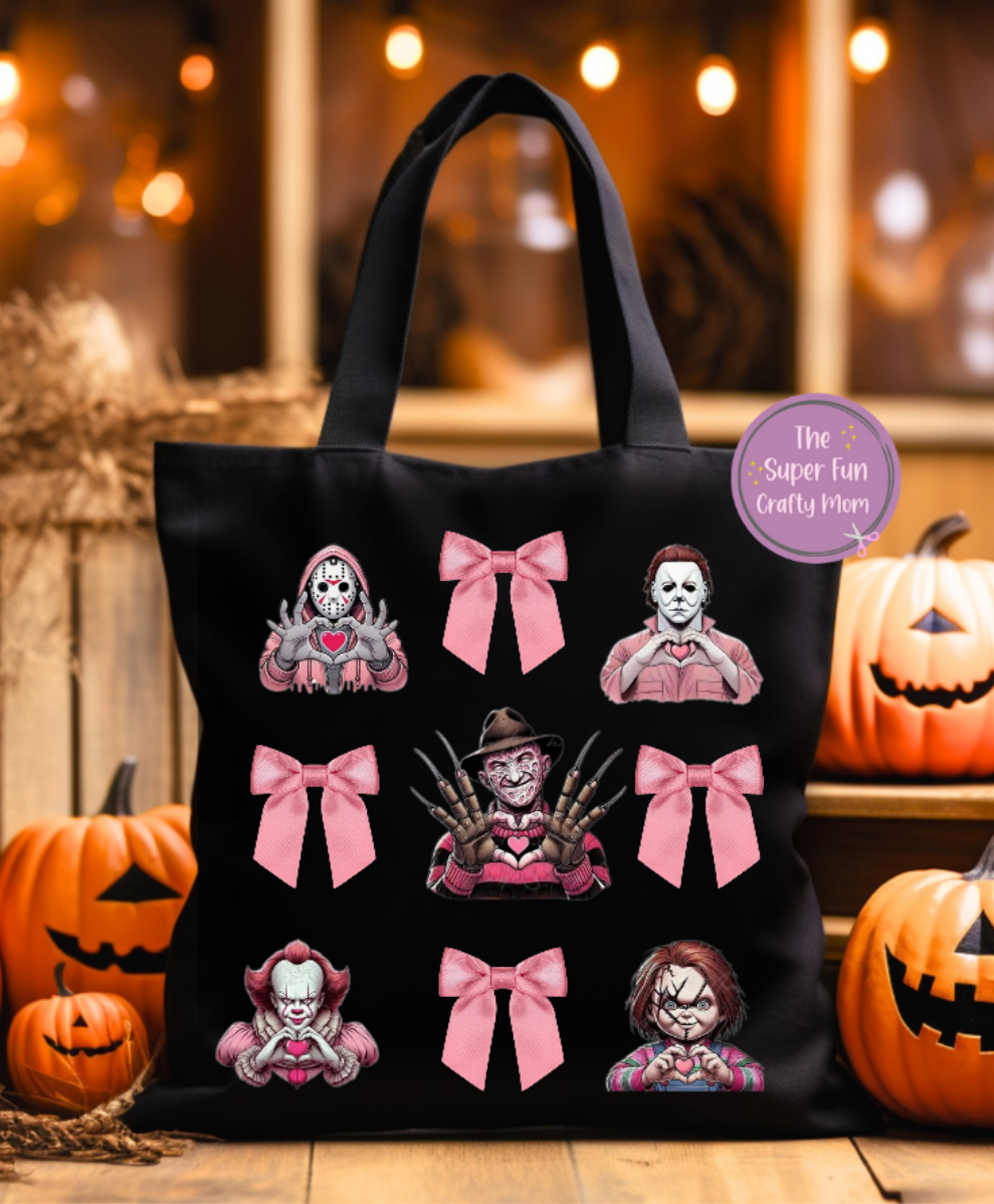 Spooky Guys Canvas Tote Bag with Pink Ribbon Bows