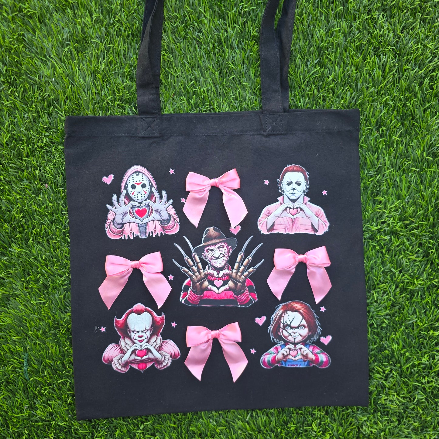 Spooky Guys Canvas Tote Bag with Pink Ribbon Bows