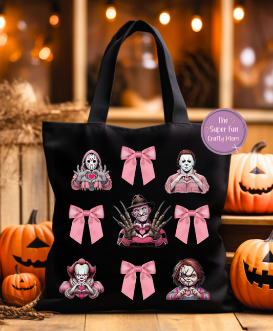 Spooky Guys Canvas Tote Bag with Pink Ribbon Bows